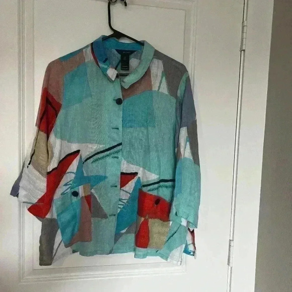 Ali Miles Linen Topper Jacket Size Petite PM Blue Geometric Wired Collar Pockets - Picture 1 of 6